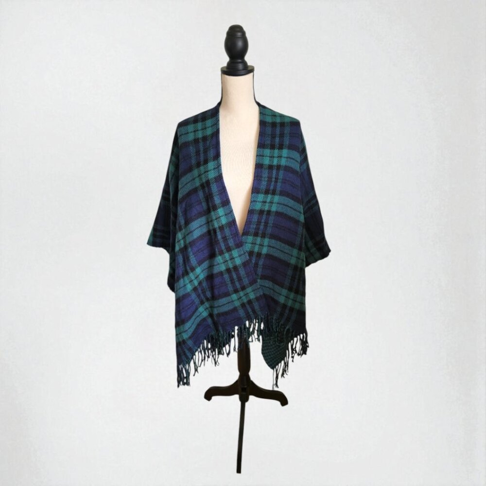 Isaac Mizrahi Live! Plaid Fringe Wrap – Navy & Green | One Size | 100% Acrylic
